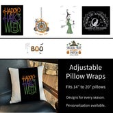 Halloween-themed adjustable pillow cover with various designs on a white background.
